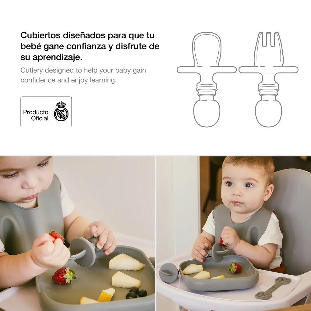 Baby isst selbstständig mit Real Madrid Esslernbesteck blau aus Silikon