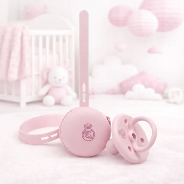Real Madrid Baby Schnuller mit Schnullerhalter in Rosa – offizielles Fußball Baby Geschenk