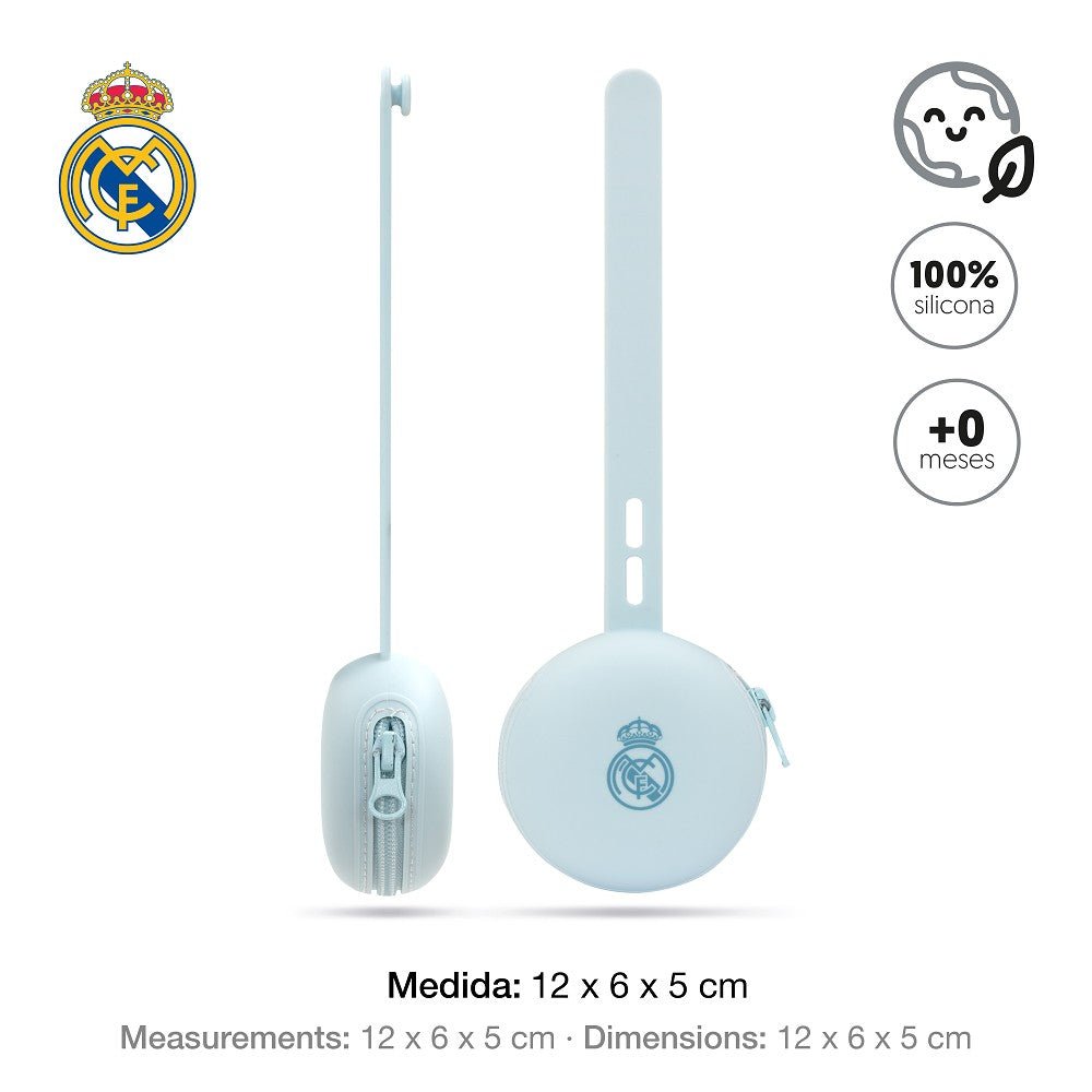 Real Madrid Schnullerhalter aus Silikon blau mit Maßangaben