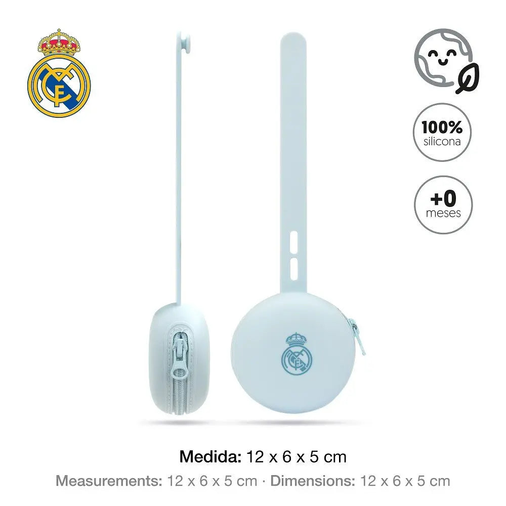 Schnullerhalter Real Madrid blau Silikon Maße 12x6x5 cm mit Schlaufe und Reißverschluss BPA frei hygienische Aufbewahrung