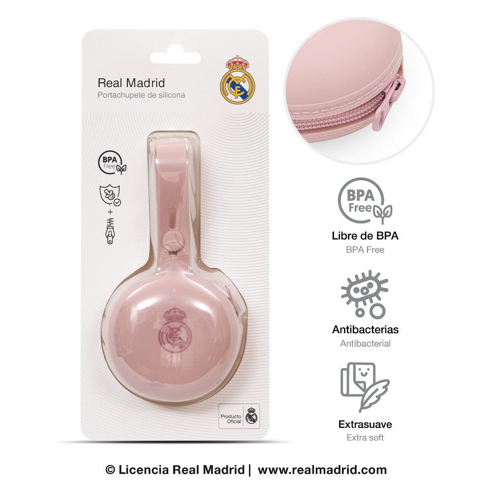 Real Madrid Schnullerhalter aus Silikon rosa BPA frei mit Verpackung