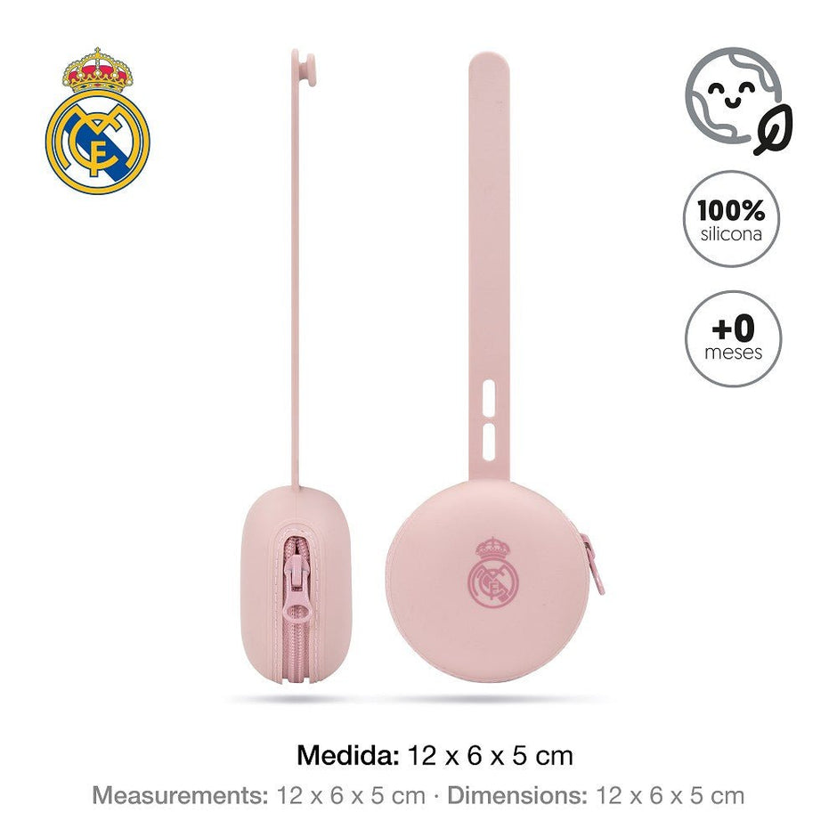 Real Madrid Schnullerhalter aus Silikon rosa mit Maßangabe 12x6x5 cm