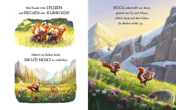 Illustration aus dem Magellan Bilderbuch mit kleinen Roten Pandas beim Spielen und Entdecken in den Bergen
