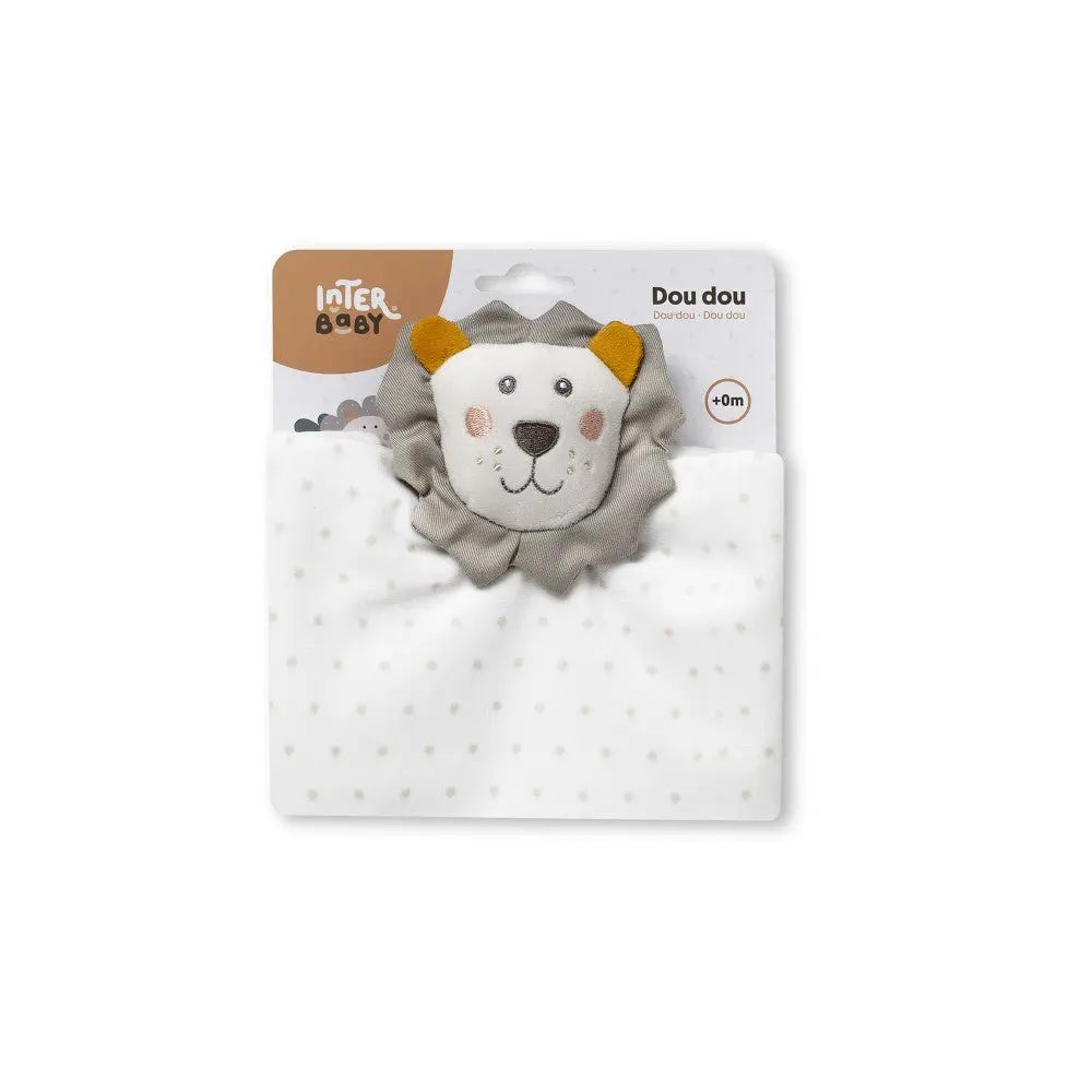 Schmusetuch Löwe für Babys in Weiß und Grau – Interbaby in Verpackung