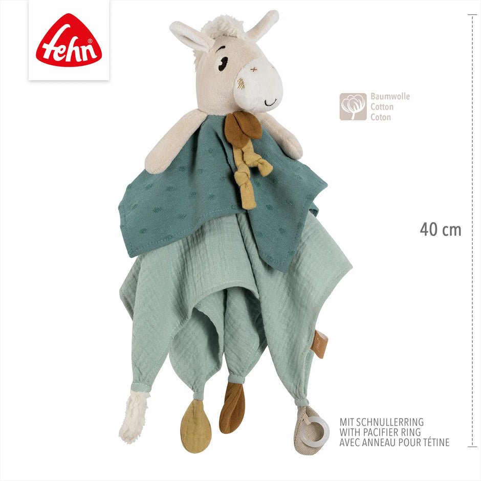 Schmusetuch Pferd Baby 40 cm aus Musselin mit Schnullerring – weiches Kuscheltuch aus Baumwolle
