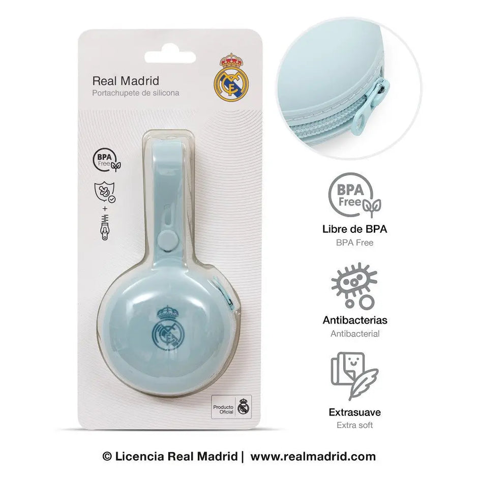 Schnullerhalter Real Madrid blau Silikon Verpackung BPA frei antibakteriell mit Reißverschluss und Schlaufe für Babys