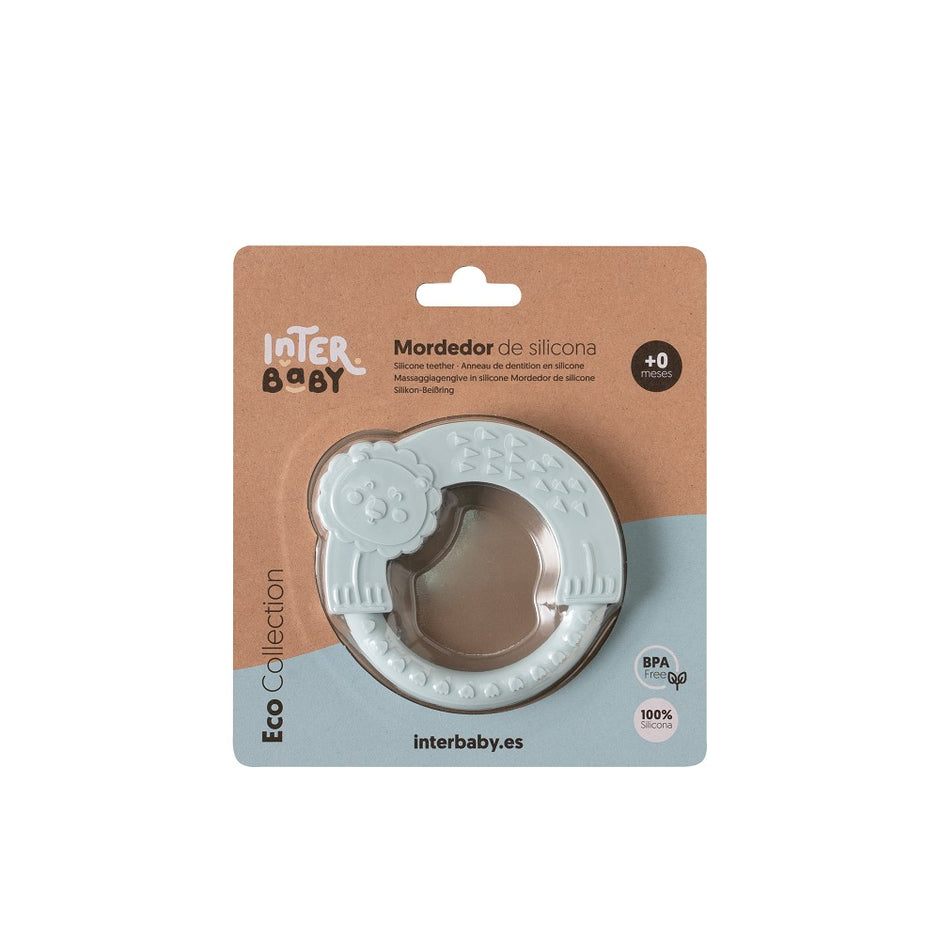 Grauer Silikon Beißring mit Löwenmotiv in Verpackung – BPA-freies Zahnungsspielzeug für Babys und Kleinkinder