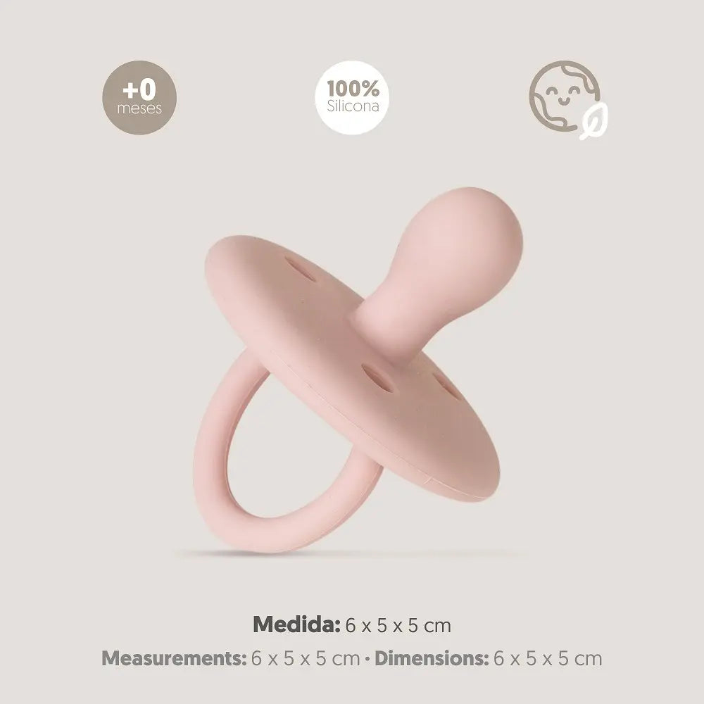 Altrosa Silikon Schnuller von Interbaby mit Produktdetails – 100 % lebensmittelechtes Silikon, BPA-frei, für Babys ab 0 Monaten geeignet, Maße 6 × 5 × 5 cm.