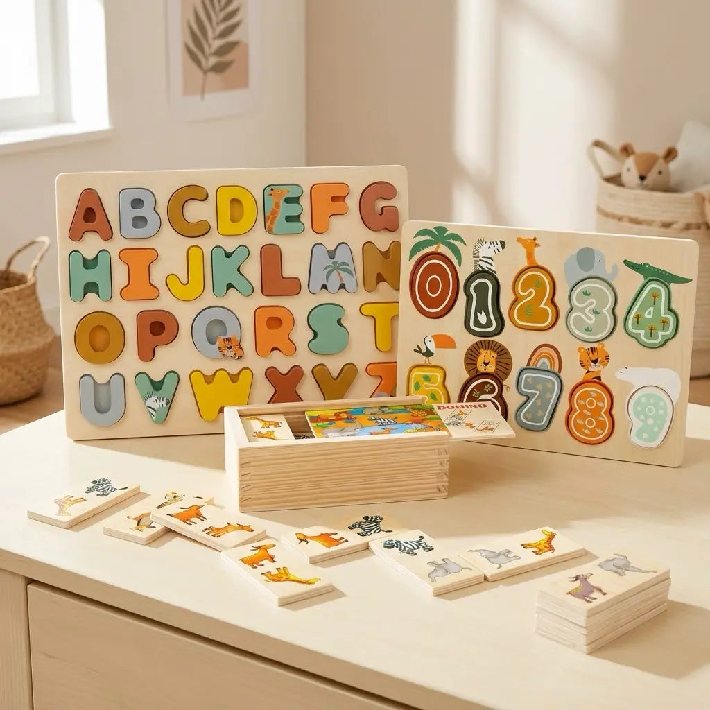 Small Foot Lernspielzeug Set Safari mit ABC-Puzzle, Zahlen-Puzzle und Domino aus Holz für Kinder ab 3 Jahren