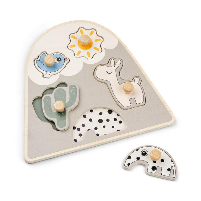 Steckpuzzle aus Holz mit Tier- und Naturmotiven – Lama, Vogel, Sonne, Kaktus und Halbmond – fördert Feinmotorik und Formenlernen bei Kleinkindern.