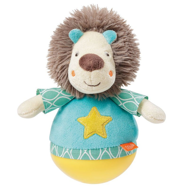 Stehauf-Löwe aus weichem Stoff in Türkis und Gelb mit gelbem Stern – Babyspielzeug zum Schieben und Anstoßen, fördert Motorik und Spielspaß.