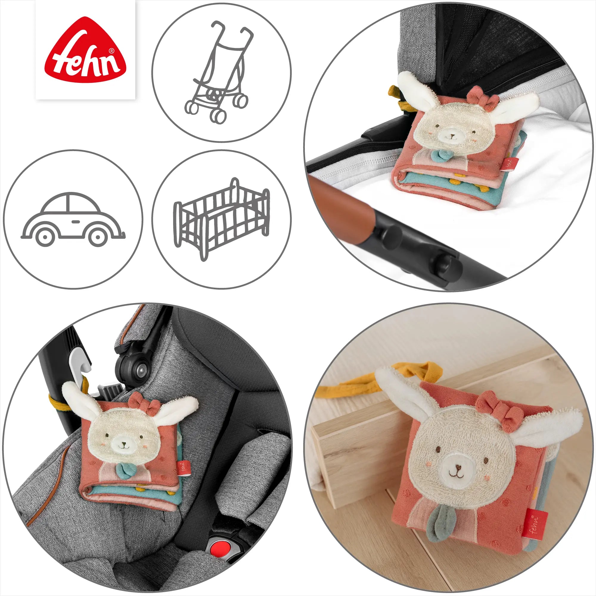 Baby Stoffbuch Hase rosa – Fühlbuch für Kinderwagen, Autositz und Bett geeignet, ideal für unterwegs