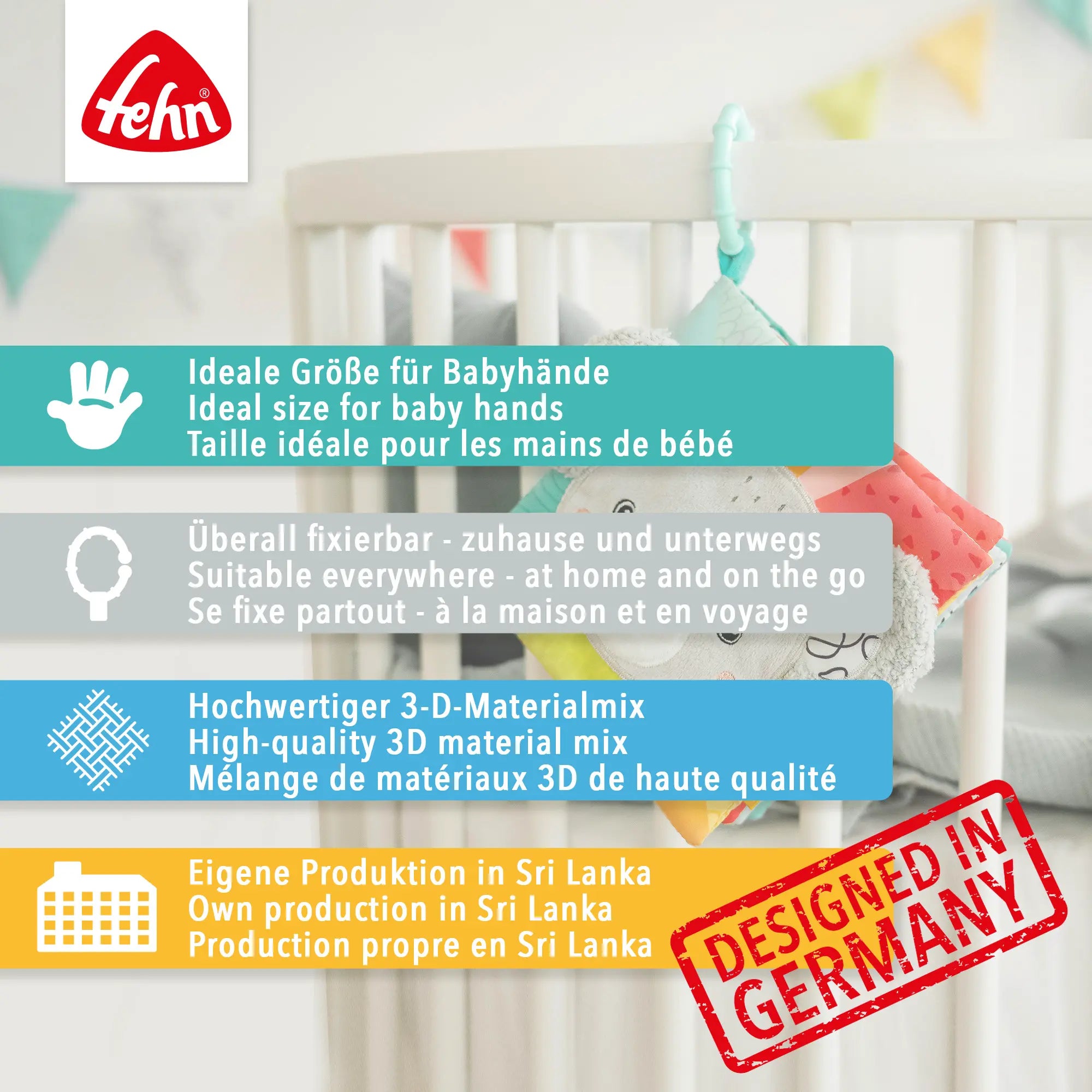 Baby Stoffbuch Hase rosa – Fühlbuch für kleine Hände, flexibel befestigbar und aus hochwertigem 3D-Materialmix