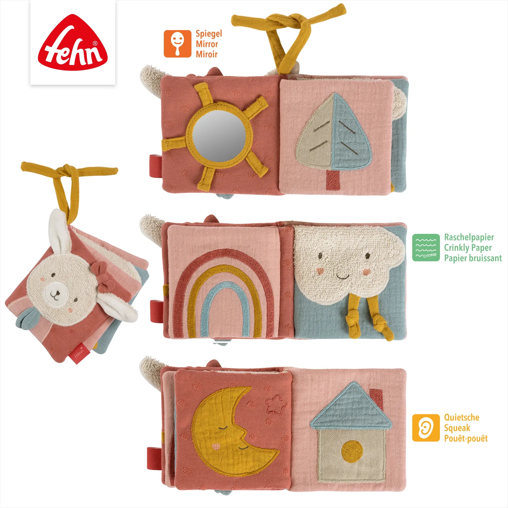 Stoffbuch Baby Hase rosa – Fühlbuch mit Spiegel, Knisterpapier und Quietsche für sensorische Entwicklung