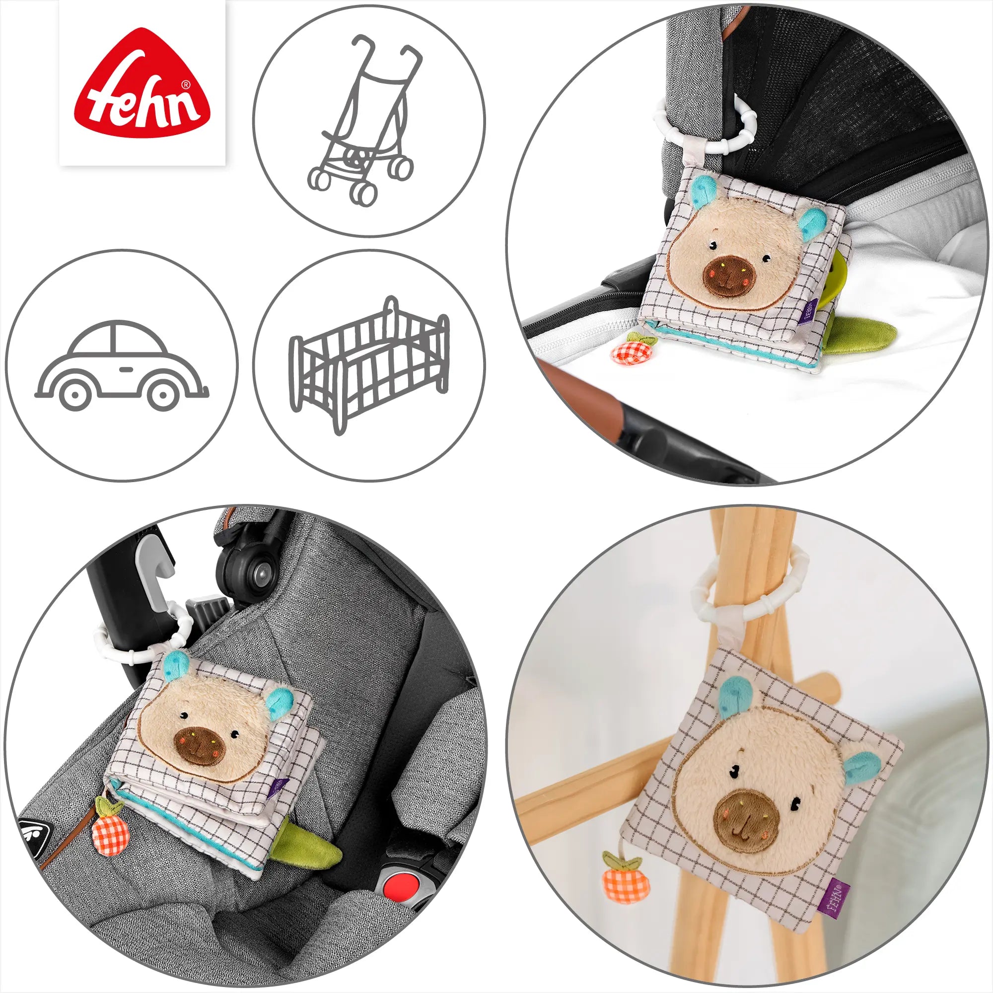 Stoffbuch Capybara für Babys mit Befestigungsring zur Nutzung am Kinderwagen, Bett oder Autositz als Spielzeug für unterwegs