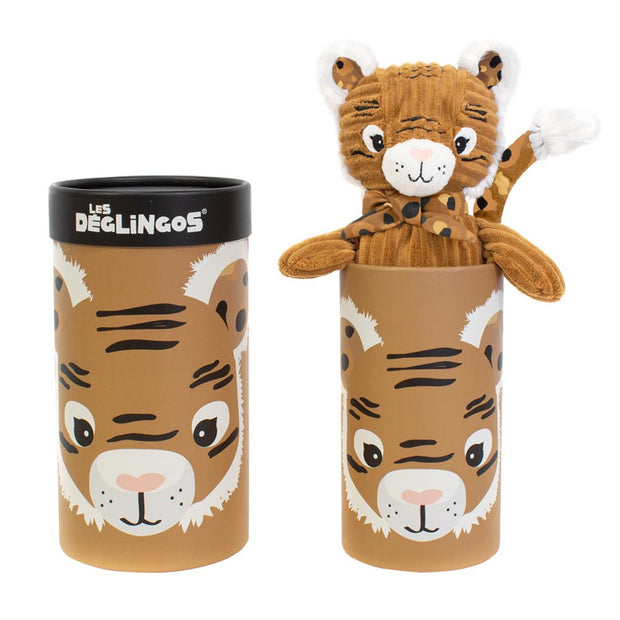 Niedliches Tiger-Kuscheltier aus Cordstoff in braun-orange, verpackt in einer dekorativen Spardose mit Tiger-Gesicht – ideales Geschenk für Kinder.