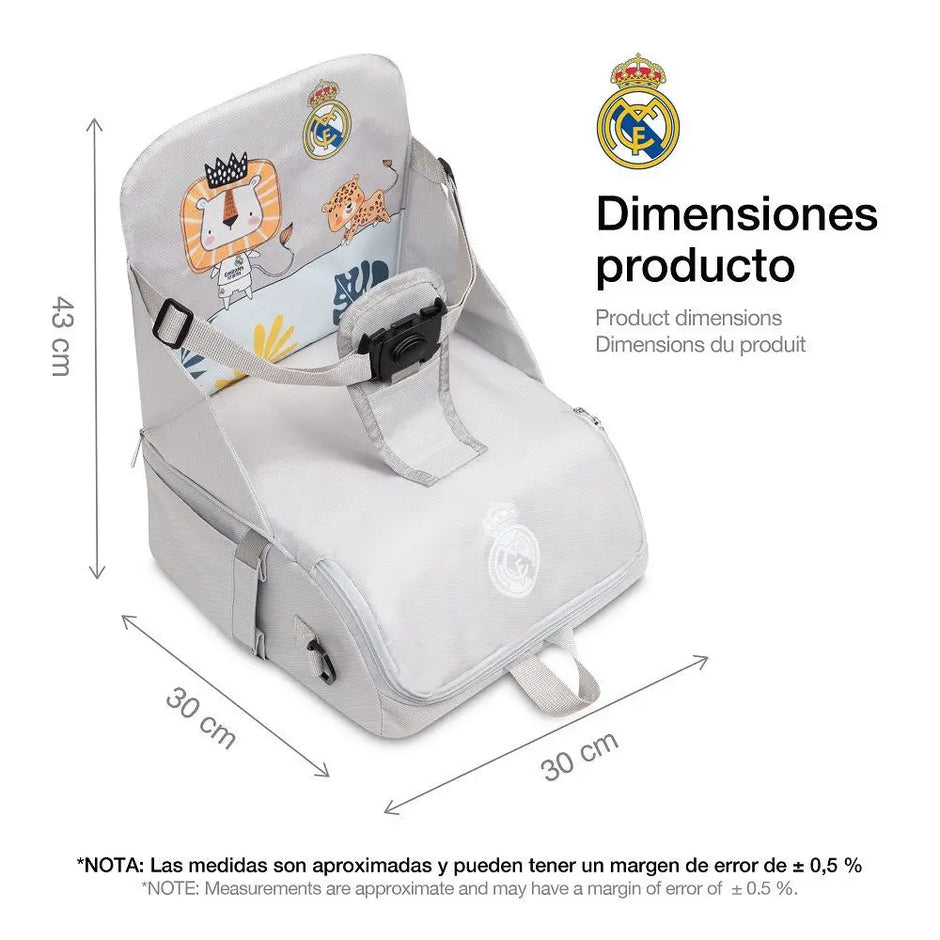 Tragbarer Reise-Hochstuhl Real Madrid Baby mit Tasche – Maße und Abmessungen kompakter Sitz grau