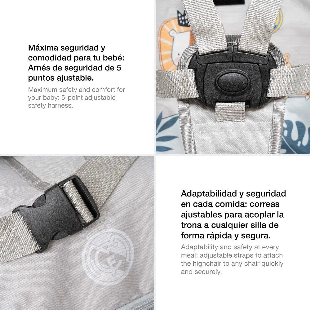 Tragbarer Reise-Hochstuhl Real Madrid Baby mit Tasche – 5-Punkt-Gurt und Befestigungssystem Übersicht