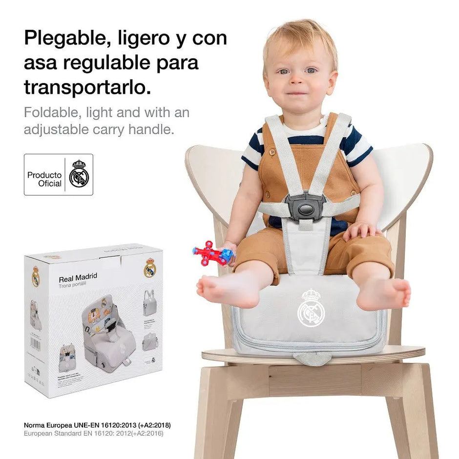 Tragbarer Reise-Hochstuhl Real Madrid Baby mit Tasche – Baby sitzt sicher am Tisch unterwegs