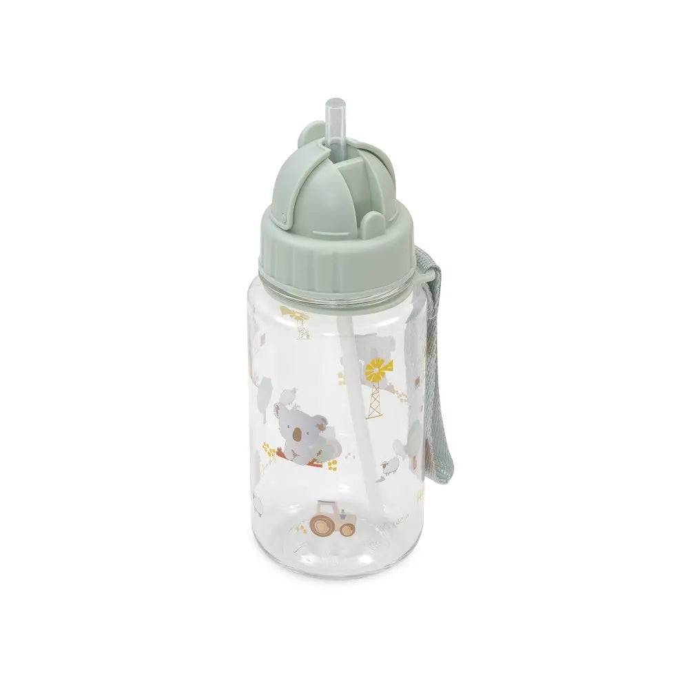350 ml Tritan-Trinkflasche im Farm-Design in Mintgrün mit Strohhalmaufsatz und Trageschlaufe.
