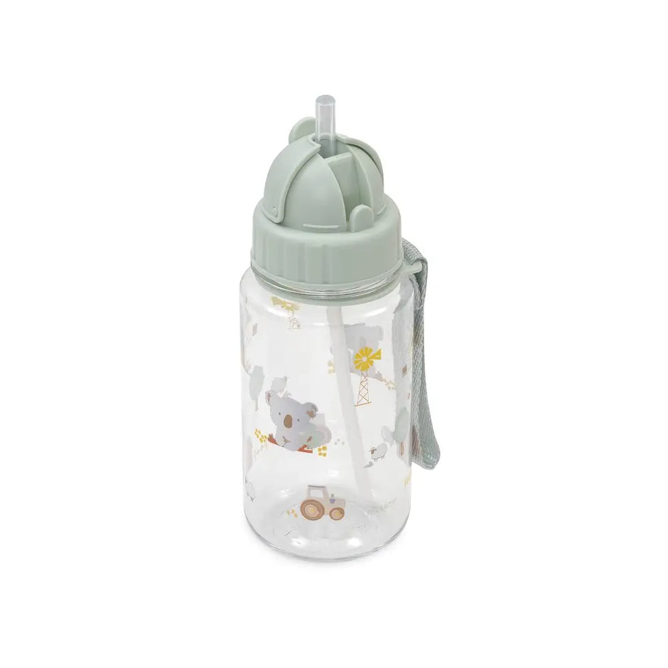 350 ml Tritan-Trinkflasche im Farm-Design in Mintgrün mit Strohhalmaufsatz und Trageschlaufe.
