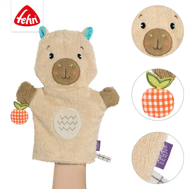 Baby Waschhandschuh Capybara Detailansicht aus weichem Frottee mit liebevollen Stickereien und hautfreundlichen Materialien