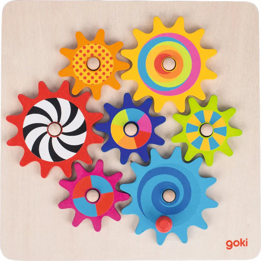 Goki Zahnradspiel aus Holz mit bunten Zahnrädern – Motorikspielzeug für Kinder